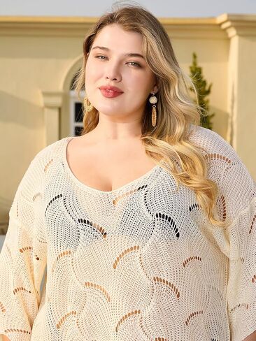 MakeMeChic Women's Plus Size Swimsuit Cover Up 3/4 Sleeve Crochet V Neck Beach Coverups in Saudi Arabia