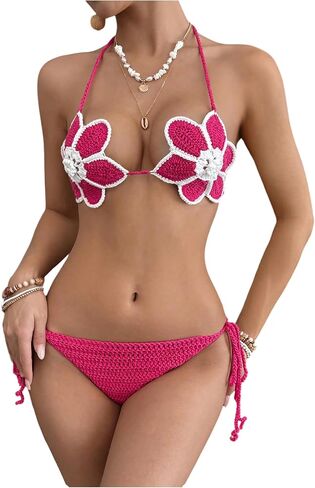 SweatyRocks Women's 2 Piece Swimsuit Cover Up Sets Self Tie Crochet Halter Top and Bottom in Saudi Arabia