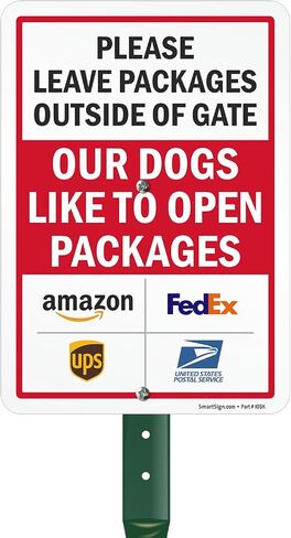 SmartSign Leave Packages Outside Gate Dogs Like To Open Packages Sign with Delivery Partner Logos - 10" x 7", 40 mil Laminated Aluminum - Metal Sign for Outdoors, Porch, Gated Entrances, USA-Made in Saudi Arabia