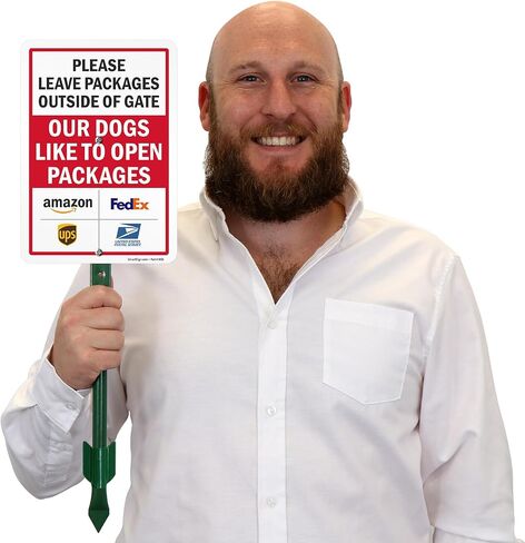 SmartSign Leave Packages Outside Gate Dogs Like To Open Packages Sign with Delivery Partner Logos - 10" x 7", 40 mil Laminated Aluminum - Metal Sign for Outdoors, Porch, Gated Entrances, USA-Made in Saudi Arabia