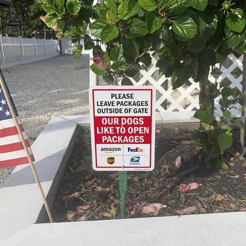 SmartSign Leave Packages Outside Gate Dogs Like To Open Packages Sign with Delivery Partner Logos - 10" x 7", 40 mil Laminated Aluminum - Metal Sign for Outdoors, Porch, Gated Entrances, USA-Made in Saudi Arabia