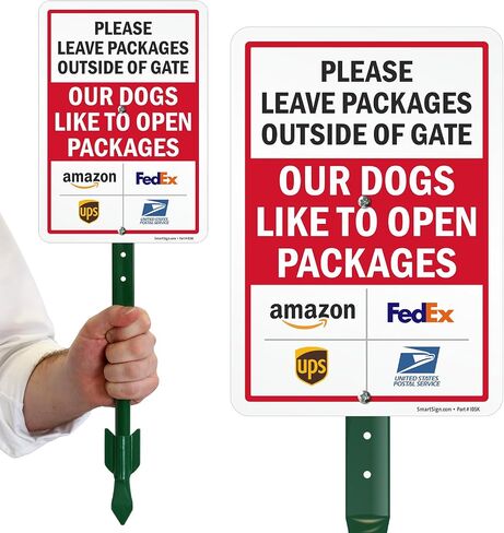 SmartSign Leave Packages Outside Gate Dogs Like To Open Packages Sign with Delivery Partner Logos - 10" x 7", 40 mil Laminated Aluminum - Metal Sign for Outdoors, Porch, Gated Entrances, USA-Made in Saudi Arabia