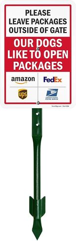 SmartSign Leave Packages Outside Gate Dogs Like To Open Packages Sign with Delivery Partner Logos - 10" x 7", 40 mil Laminated Aluminum - Metal Sign for Outdoors, Porch, Gated Entrances, USA-Made in Saudi Arabia