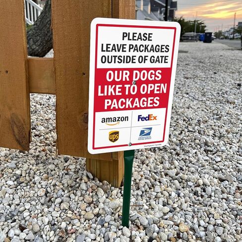 SmartSign Leave Packages Outside Gate Dogs Like To Open Packages Sign with Delivery Partner Logos - 10" x 7", 40 mil Laminated Aluminum - Metal Sign for Outdoors, Porch, Gated Entrances, USA-Made in Saudi Arabia
