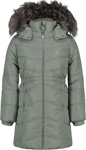 Calvin Klein Girls' Hooded Winter Puffer Jacket, Full-Length Heavy Weight Coat with Fleece Lining, Purple Aerial, 16 in Kuwait