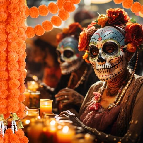 6 قطع 5 أقدام من زهور القطيفة الاصطناعية، Dia de Los Muertos، أكاليل صناعية لتزيين ديوالي مع جرس قلادة لديكور عباءة حفلات الزفاف الهندية الأمريكية (برتقالي داكن، أصفر) in Saudi Arabia