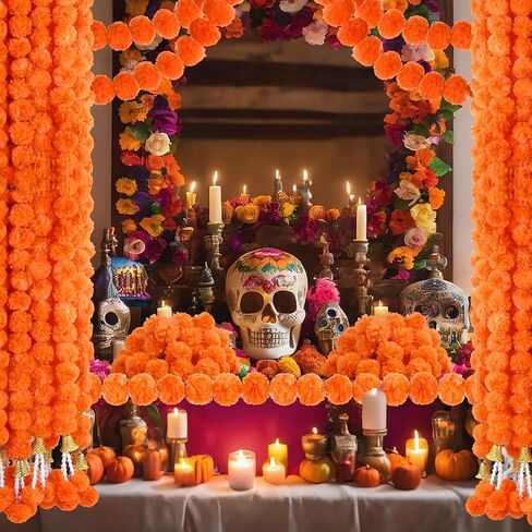 6 قطع 5 أقدام من زهور القطيفة الاصطناعية، Dia de Los Muertos، أكاليل صناعية لتزيين ديوالي مع جرس قلادة لديكور عباءة حفلات الزفاف الهندية الأمريكية (برتقالي داكن، أصفر) in Saudi Arabia
