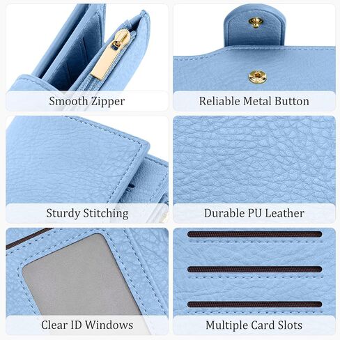 Women's Bifold Wallet, RFID Blocking Credit Card Holder with Zipper, Travel Cute Coin Pocket Wallet for Ladies, Blue in Saudi Arabia