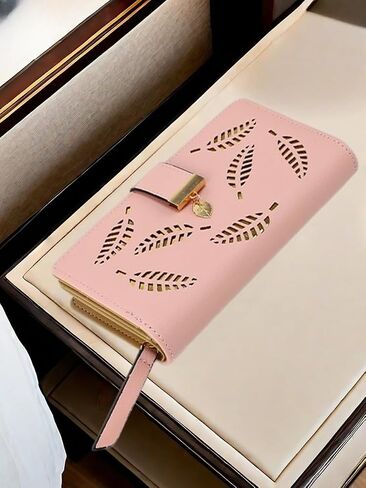Women's Long Leather Purse - Botanical Embossed Card Holder Purses Zipper Buckle Clutch Wallet Pink in Saudi Arabia