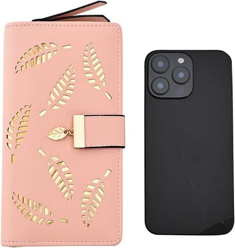 Women's Long Leather Purse - Botanical Embossed Card Holder Purses Zipper Buckle Clutch Wallet Pink in Saudi Arabia