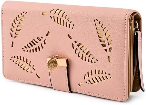 Women's Long Leather Purse - Botanical Embossed Card Holder Purses Zipper Buckle Clutch Wallet Pink in Saudi Arabia