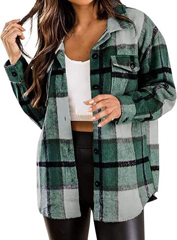 Plaid Shirts For Women Plus Size Flannel Shacket Casual Jacket Button Down Long Sleeve Shirt Fall Winter Outfits in Saudi Arabia