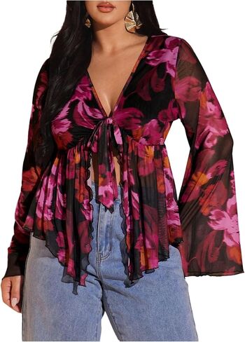 Women's Plus Size Floral Shirt Boho Mesh Ruffle Bowknot Bell Sleeve V Neck Peplum Blouse in Saudi Arabia