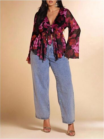 Women's Plus Size Floral Shirt Boho Mesh Ruffle Bowknot Bell Sleeve V Neck Peplum Blouse in Saudi Arabia