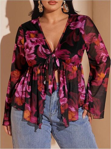Women's Plus Size Floral Shirt Boho Mesh Ruffle Bowknot Bell Sleeve V Neck Peplum Blouse in Saudi Arabia