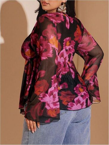 Women's Plus Size Floral Shirt Boho Mesh Ruffle Bowknot Bell Sleeve V Neck Peplum Blouse in Saudi Arabia