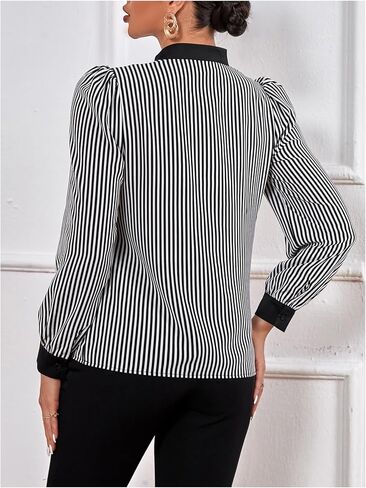 WDIRARA Women's Striped Blouse Notched V Neck Long Sleeve Shirts Work Business Dressy Tops in Saudi Arabia