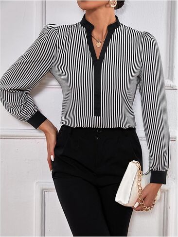WDIRARA Women's Striped Blouse Notched V Neck Long Sleeve Shirts Work Business Dressy Tops in Saudi Arabia