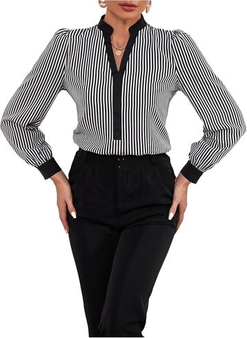 WDIRARA Women's Striped Blouse Notched V Neck Long Sleeve Shirts Work Business Dressy Tops in Saudi Arabia