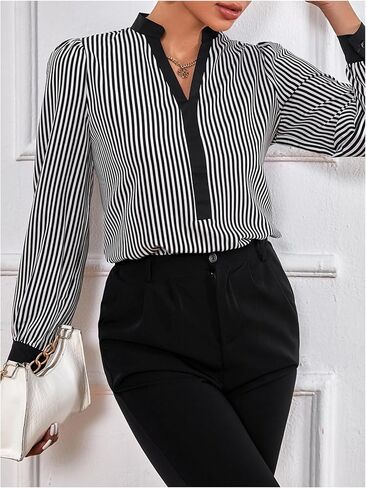 WDIRARA Women's Striped Blouse Notched V Neck Long Sleeve Shirts Work Business Dressy Tops in Saudi Arabia