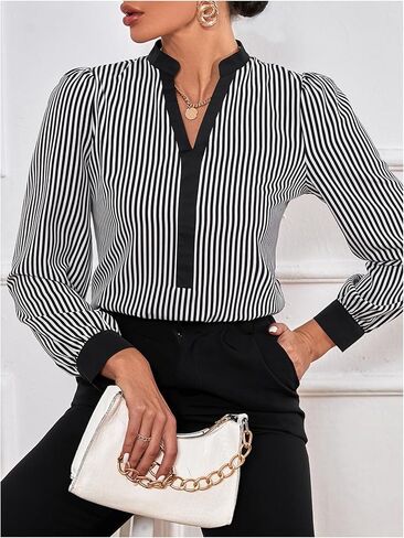 WDIRARA Women's Striped Blouse Notched V Neck Long Sleeve Shirts Work Business Dressy Tops in Saudi Arabia