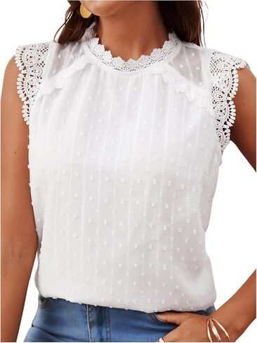 SweatyRocks Women's Sleeveless Chiffon Blouse Dressy Casual Lace Shirt Mock Neck Swiss Dots Top in Saudi Arabia