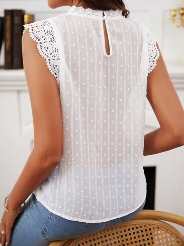 SweatyRocks Women's Sleeveless Chiffon Blouse Dressy Casual Lace Shirt Mock Neck Swiss Dots Top in Saudi Arabia