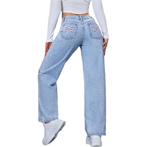 WDIRARA Women's Petite Bow Embroidered Cute Jeans Y2k Straight Leg Denim Pants in Kuwait