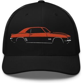 قبعة Hugger Orange 1969 Camaro SS Trucker Hat - قبعة بيسبول شبكية مطرزة بتصميم سيارة العضلات الكلاسيكية in Kuwait