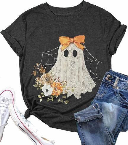 Halloween Shirts for Women Halloween Ghost T-Shirt Bow Ghost Graphic Tees Casual Spooky Season Tee Tops in Saudi Arabia