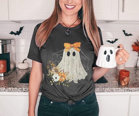Halloween Shirts for Women Halloween Ghost T-Shirt Bow Ghost Graphic Tees Casual Spooky Season Tee Tops in Saudi Arabia