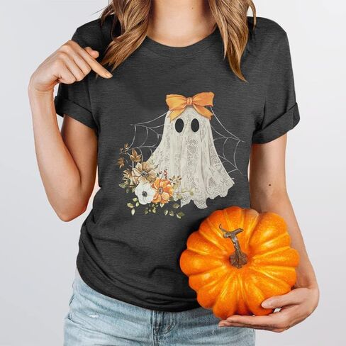 Halloween Shirts for Women Halloween Ghost T-Shirt Bow Ghost Graphic Tees Casual Spooky Season Tee Tops in Saudi Arabia
