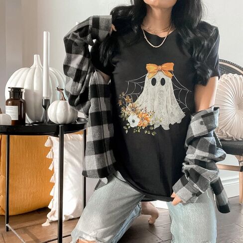Halloween Shirts for Women Halloween Ghost T-Shirt Bow Ghost Graphic Tees Casual Spooky Season Tee Tops in Saudi Arabia