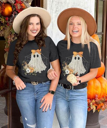 Halloween Shirts for Women Halloween Ghost T-Shirt Bow Ghost Graphic Tees Casual Spooky Season Tee Tops in Saudi Arabia