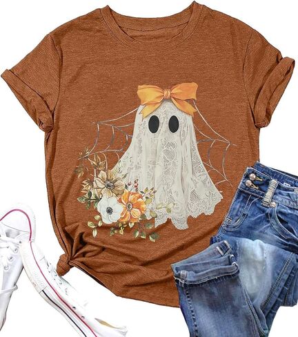 Halloween Shirts for Women Halloween Ghost T-Shirt Bow Ghost Graphic Tees Casual Spooky Season Tee Tops in Saudi Arabia