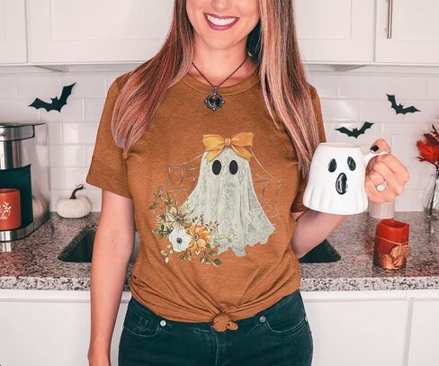 Halloween Shirts for Women Halloween Ghost T-Shirt Bow Ghost Graphic Tees Casual Spooky Season Tee Tops in Saudi Arabia