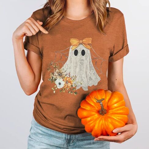 Halloween Shirts for Women Halloween Ghost T-Shirt Bow Ghost Graphic Tees Casual Spooky Season Tee Tops in Saudi Arabia
