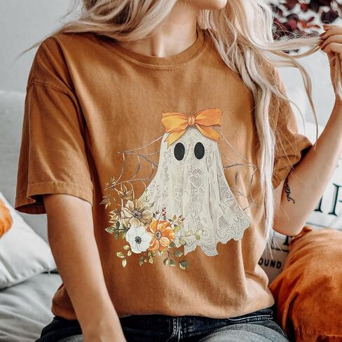Halloween Shirts for Women Halloween Ghost T-Shirt Bow Ghost Graphic Tees Casual Spooky Season Tee Tops in Saudi Arabia