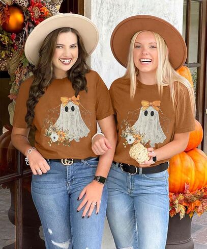 Halloween Shirts for Women Halloween Ghost T-Shirt Bow Ghost Graphic Tees Casual Spooky Season Tee Tops in Saudi Arabia