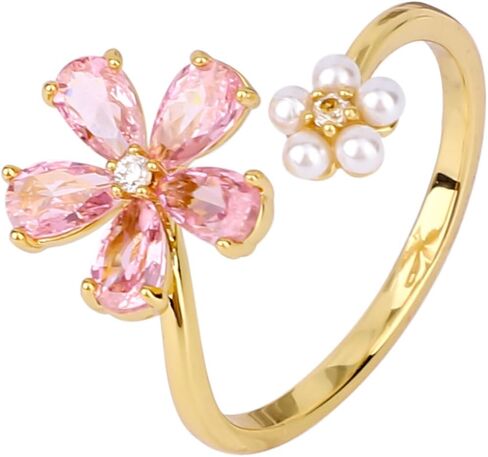Gold Dainty Flower Ring for Women, Pink Sparkling Cubic Zirconia Stone Daisy Open Ring Adjustable Finger Band Pearl Engagement Promise Rings Statement Jewelry Gift in Saudi Arabia