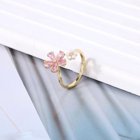 Gold Dainty Flower Ring for Women, Pink Sparkling Cubic Zirconia Stone Daisy Open Ring Adjustable Finger Band Pearl Engagement Promise Rings Statement Jewelry Gift in Saudi Arabia