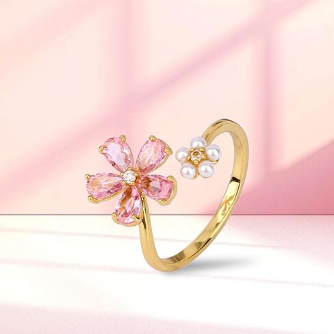 Gold Dainty Flower Ring for Women, Pink Sparkling Cubic Zirconia Stone Daisy Open Ring Adjustable Finger Band Pearl Engagement Promise Rings Statement Jewelry Gift in Saudi Arabia