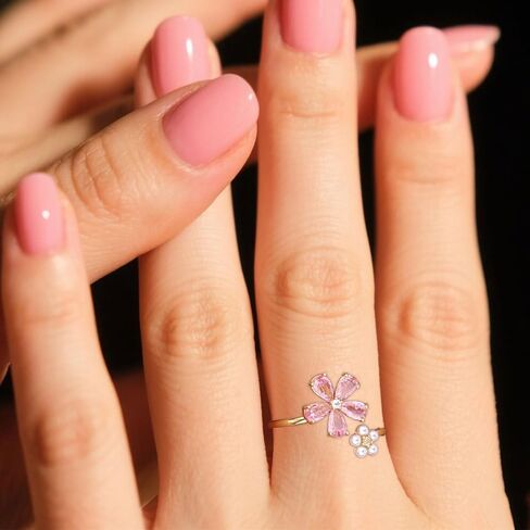 Gold Dainty Flower Ring for Women, Pink Sparkling Cubic Zirconia Stone Daisy Open Ring Adjustable Finger Band Pearl Engagement Promise Rings Statement Jewelry Gift in Saudi Arabia