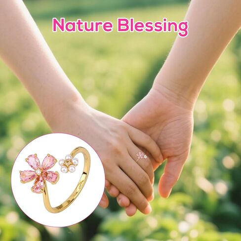 Gold Dainty Flower Ring for Women, Pink Sparkling Cubic Zirconia Stone Daisy Open Ring Adjustable Finger Band Pearl Engagement Promise Rings Statement Jewelry Gift in Saudi Arabia