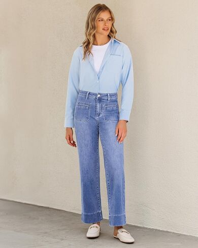 GRAPENT Wide Leg Jeans Woman Trendy High Waisted Patch Pocket Stretchy Denim Pants Vintage Casual Trouser Jeans in Saudi Arabia