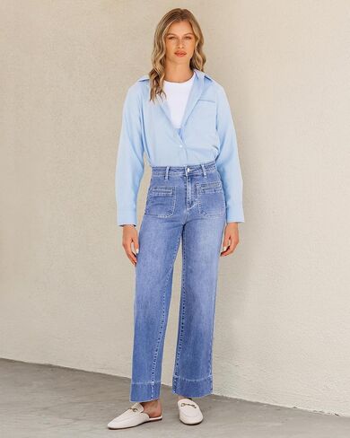GRAPENT Wide Leg Jeans Woman Trendy High Waisted Patch Pocket Stretchy Denim Pants Vintage Casual Trouser Jeans in Saudi Arabia