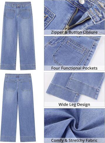 GRAPENT Wide Leg Jeans Woman Trendy High Waisted Patch Pocket Stretchy Denim Pants Vintage Casual Trouser Jeans in Saudi Arabia