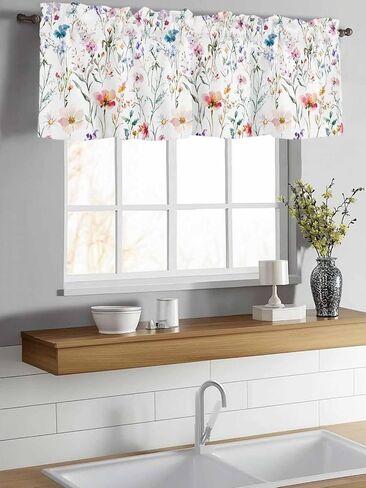 Rod Pocket Valance Watercolor Spring Flowers Short Kitchen Curtains for Windows Decor,Country Garden Floral Window Treatment for Bathroom Living Room Bedroom,1 Panel,54x18in in Saudi Arabia