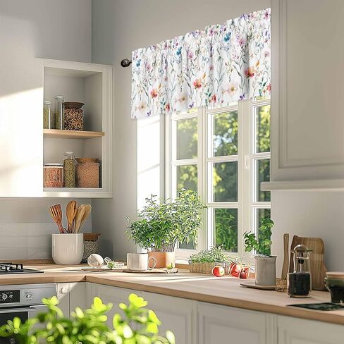 Rod Pocket Valance Watercolor Spring Flowers Short Kitchen Curtains for Windows Decor,Country Garden Floral Window Treatment for Bathroom Living Room Bedroom,1 Panel,54x18in in Saudi Arabia