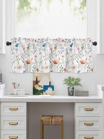 Rod Pocket Valance Watercolor Spring Flowers Short Kitchen Curtains for Windows Decor,Country Garden Floral Window Treatment for Bathroom Living Room Bedroom,1 Panel,54x18in in Saudi Arabia